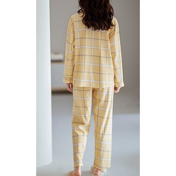 100% Cotton Women Pajama Set 2Pcs Long Sleeve Sleepwear Button Down Yellow Plaid - Picture 6 of 9